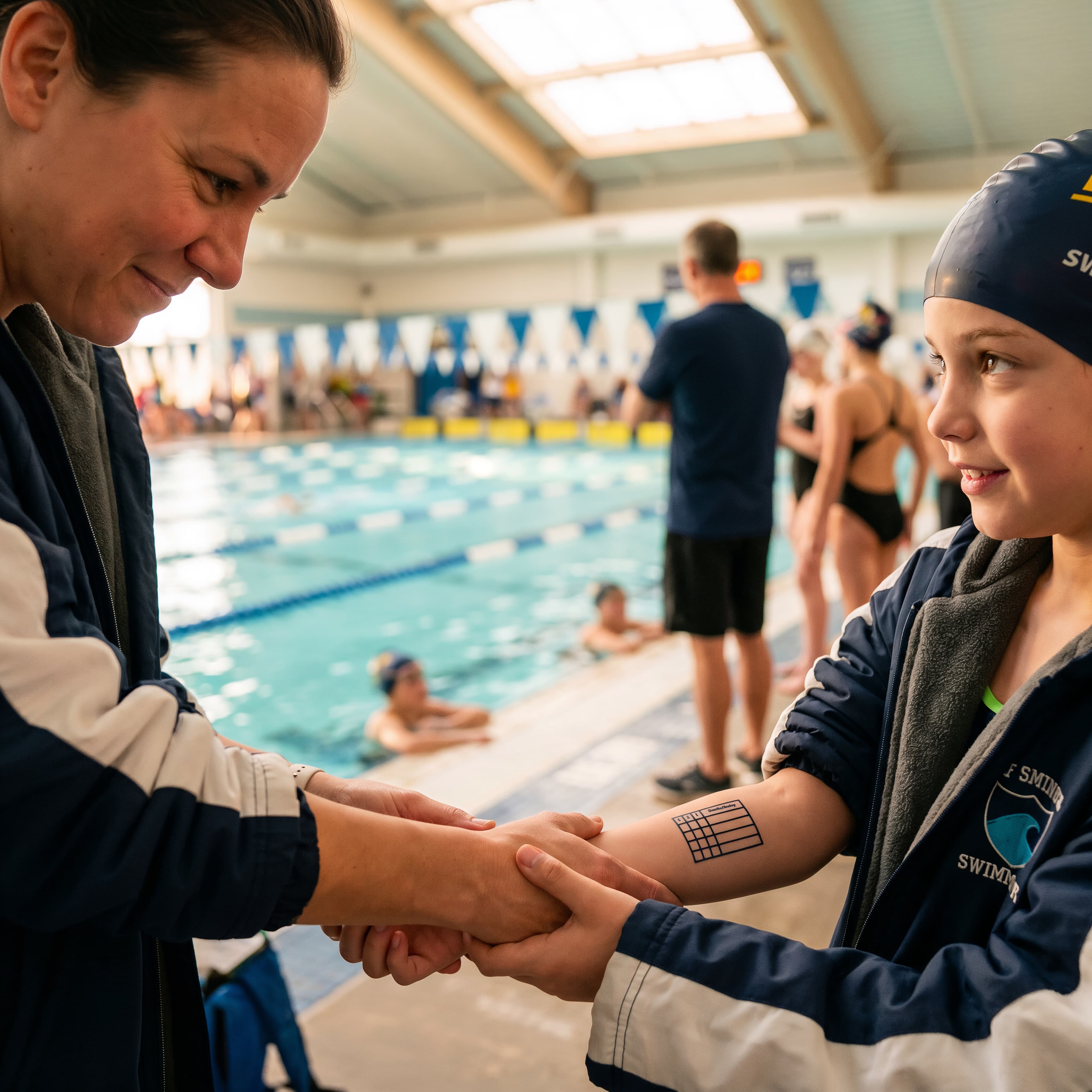 EHLStat temporary tattoo displayed on a swimmer's arm